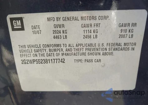 2008 Pontiac Grand Prix z USA, uszkodzony, nr VIN 2G2WP552381177742